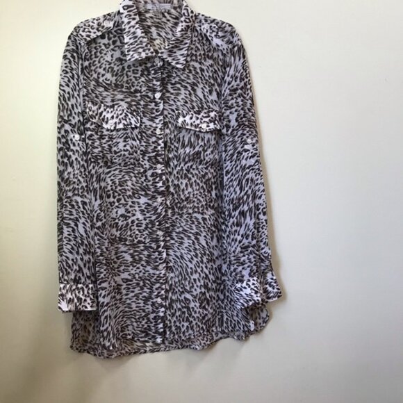 DKNY NEW Sheer Animal Print Blouse Lightweight Buttons Shirt Tunic Long Pocket M - Picture 1 of 12